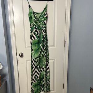 Tropical Green Leaf Wrap Maxi Dress/Romper